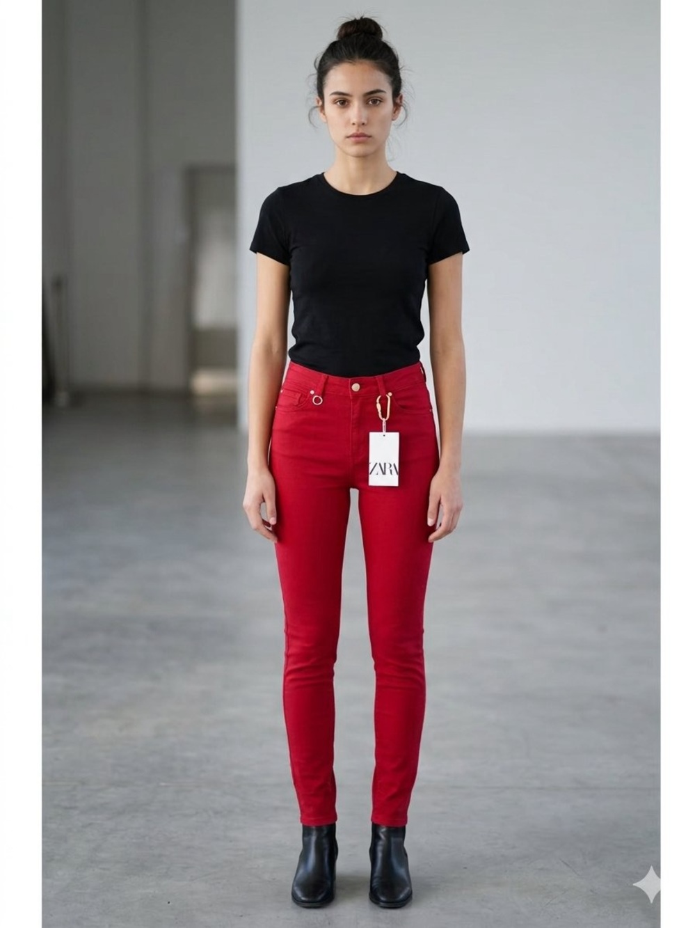 ZARA Red Straight-Leg High-Rise Jeans